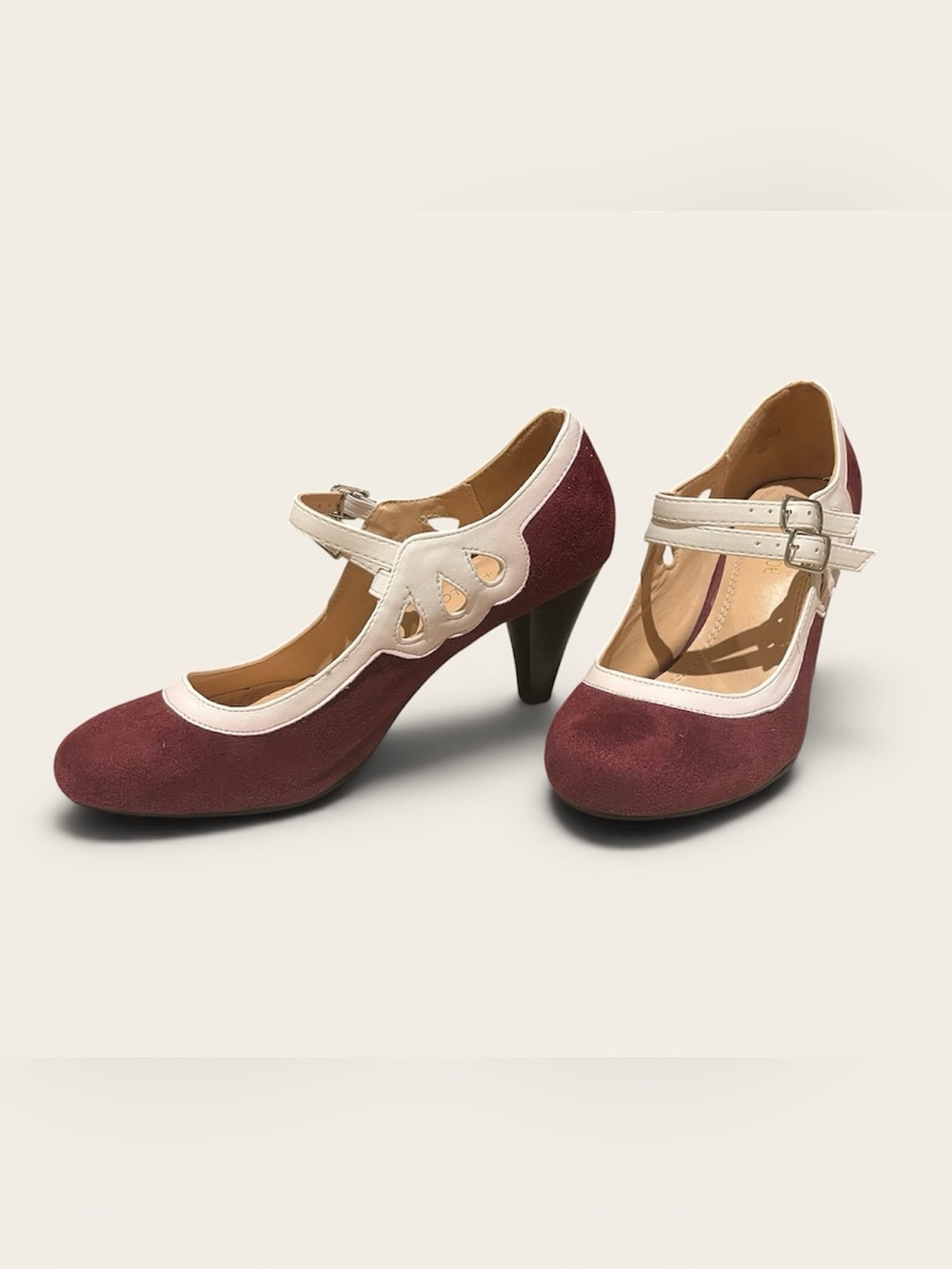 Chase + Chloe Burgundy and Cream Mary Jane Heels - Picture 1 of 7